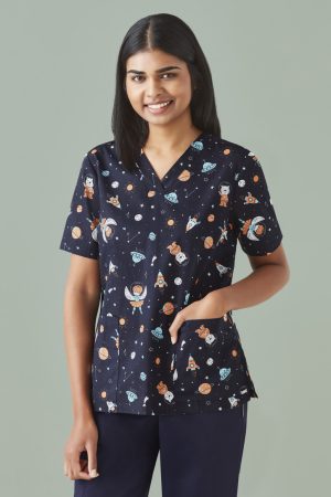 Womens Space Party Scrub Top