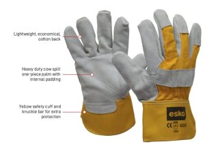 ESKO Heavy duty leather/cotton glove, grey & yellow with safety cuff. ?A? grade