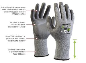 RAZOR PLUS, X500+ Glove, Grey HPPE Cut Level 5, Grey PU coating, Long Cuff