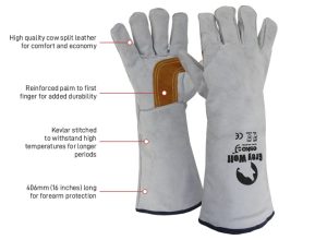 GREY WOLF, Grey/gold welders glove, reinforced palm, lined & Kevlar stitched 406mm