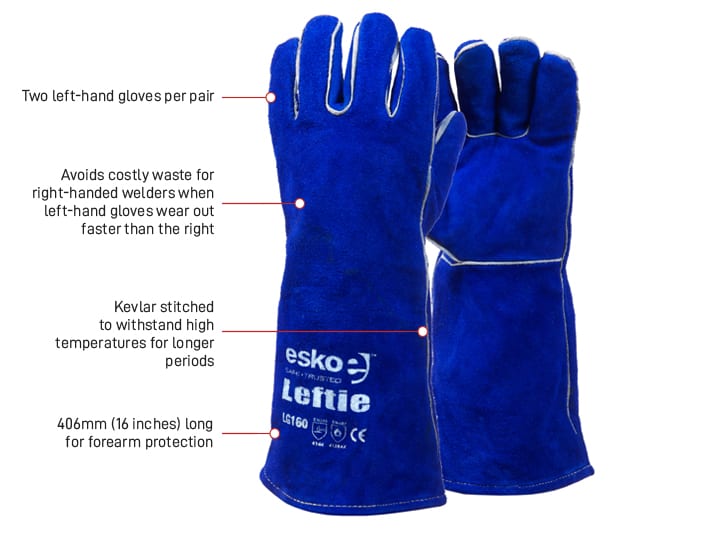 LEFTIE', Premium Left hand pair blue welders gloves, lined, welted, 406mm