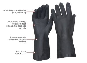 Black Neoprene glove, heavy duty Neoprene, flock lining,